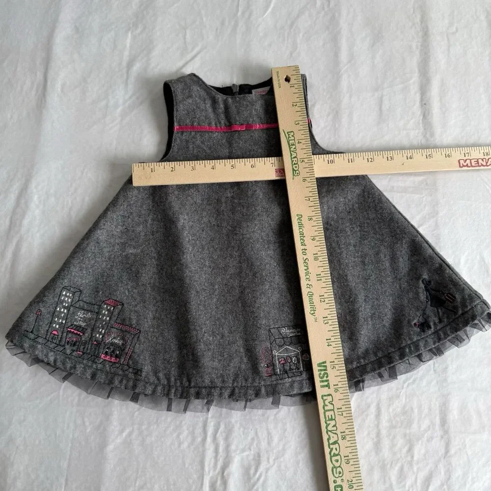 Y2K Girls Gymboree Gray Wool Blend Jumper Dress City France Pink Twirl Sz 6-12M
